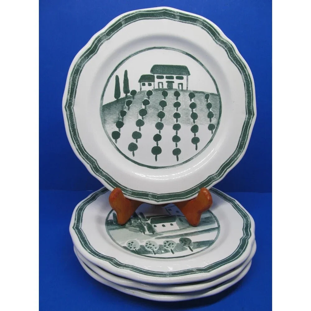 Williams Sonoma Marketplace Set Of 4 Green And White Salad Plates Farm Scenes 8